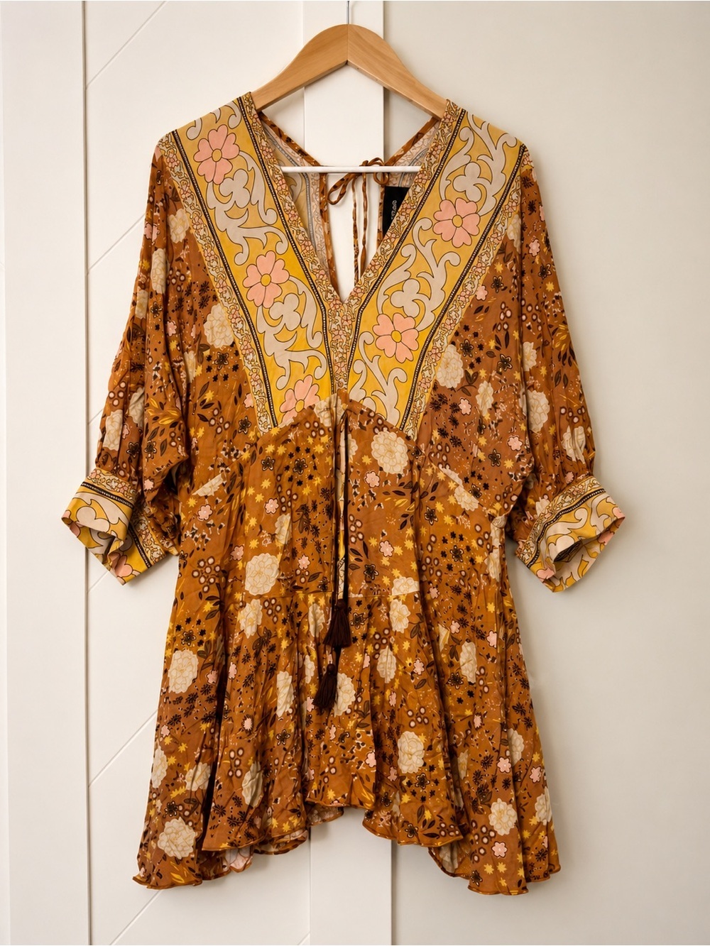 Aakaa Floral Boho Mini Dress Tie Back Brown Size S